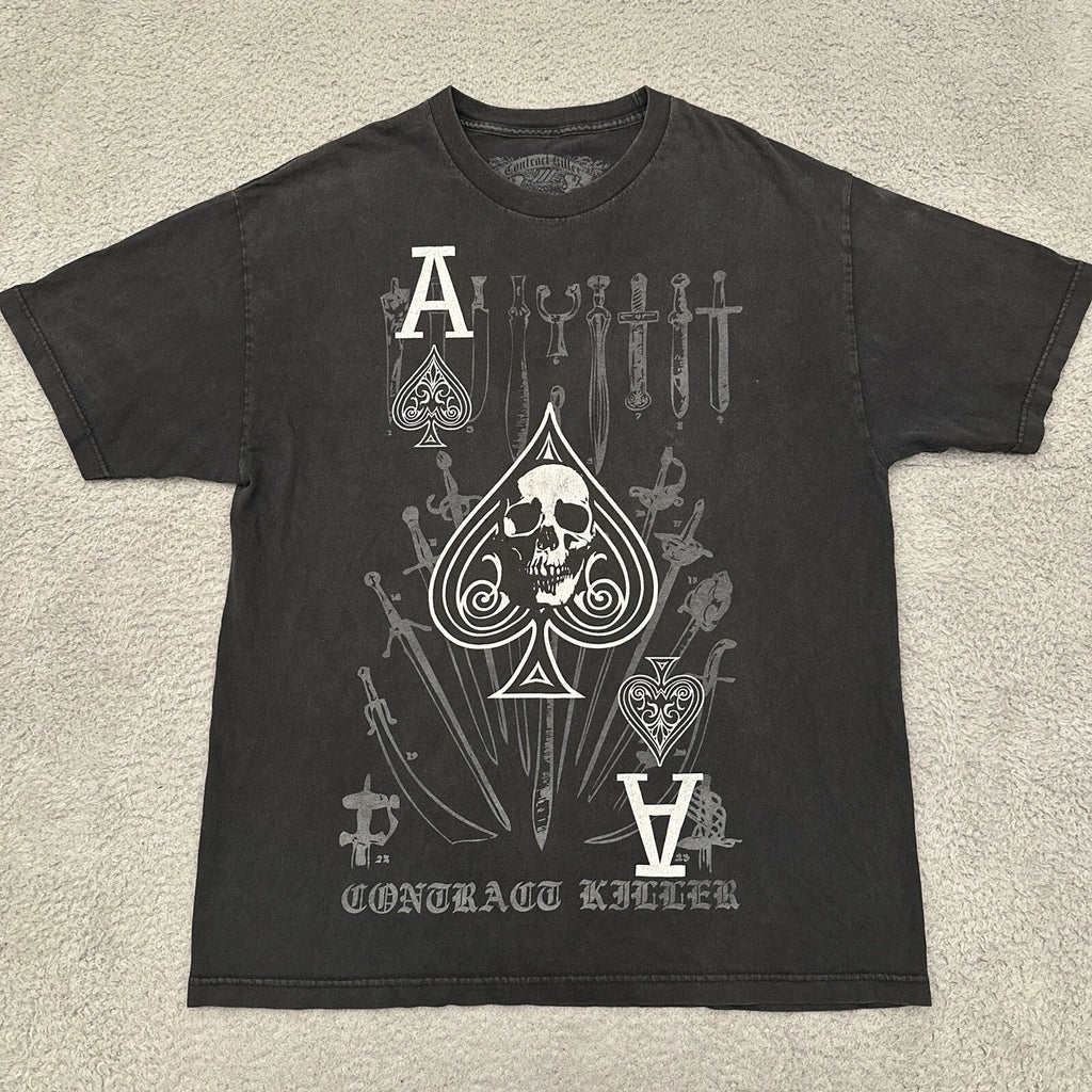 Y2K Contract Killer T-Shirt Men's XL Black Grunge Skulls Ace of Spades Skater