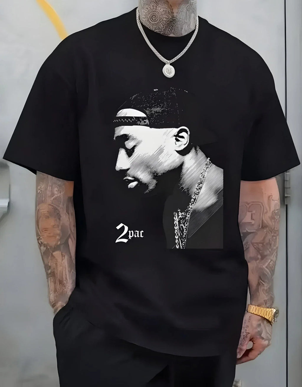 Men's Tupac Black Short Sleeve T-Shirt  Crew Neck Top for Urban Streetwear 3xl