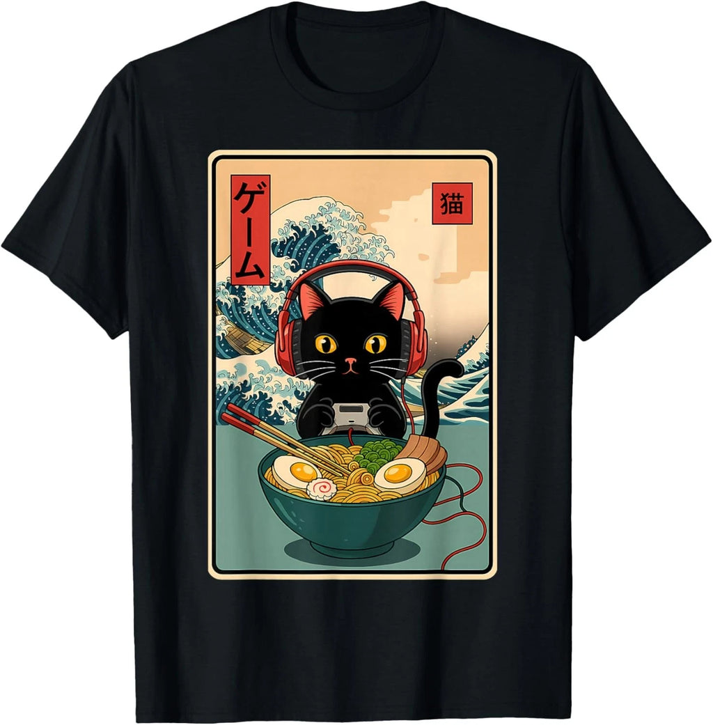 Kawaii Gamer Cat Ramen Retro Japanese Funny Cat Gaming Gift Unisex T-Shirt
