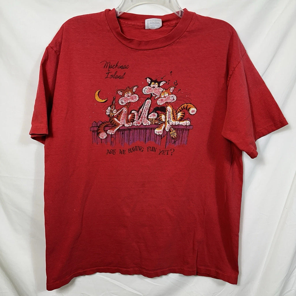 Vtg Distressed Mackinac Island Drunk Cats on a Fence Double Sided T-Shirt XL Tee