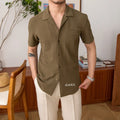 Knitted Cuban Collar Slim Stretch Short-sleeved Shirt Casual Men's Business Tops