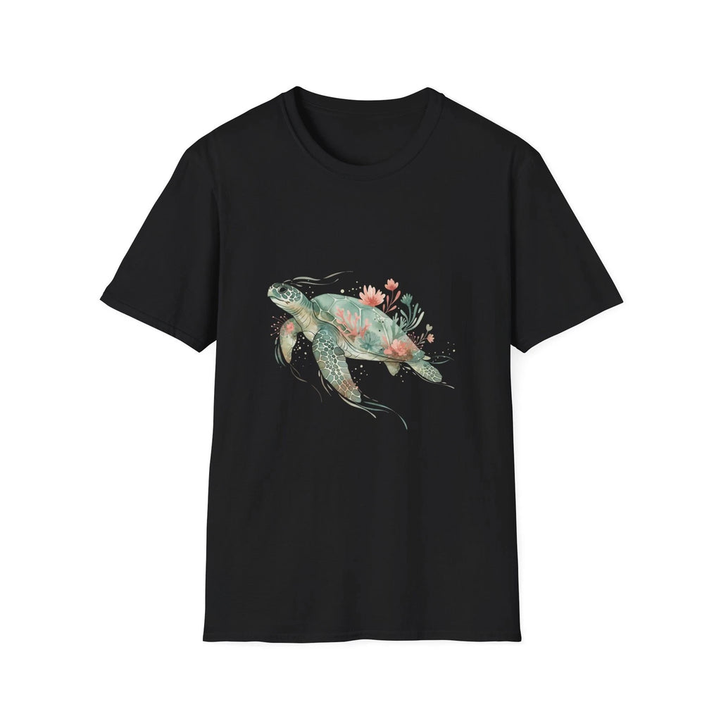 Turtle Ocean Floral Watercolor Boho Black Tee Nature Aesthetic T-Shirt