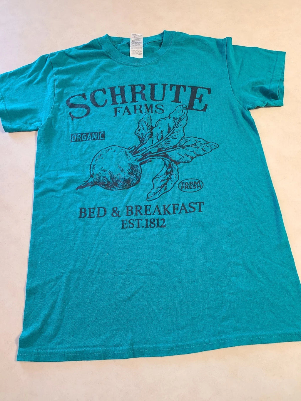 Schrute Farms Beets The Office Teal Blue Tee  T-shirt Size Small Dwight B7