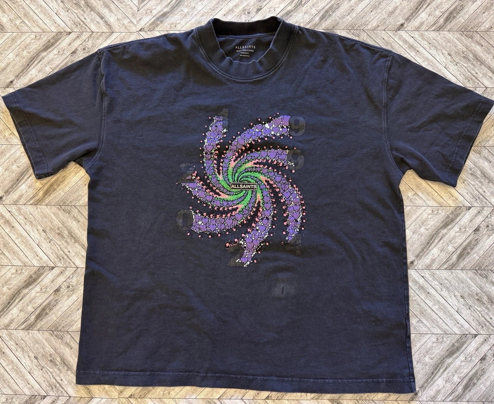 ALLSAINTS T-Shirt Mens M Black Streetwear Y2K Faded Oversized Spiral Floral