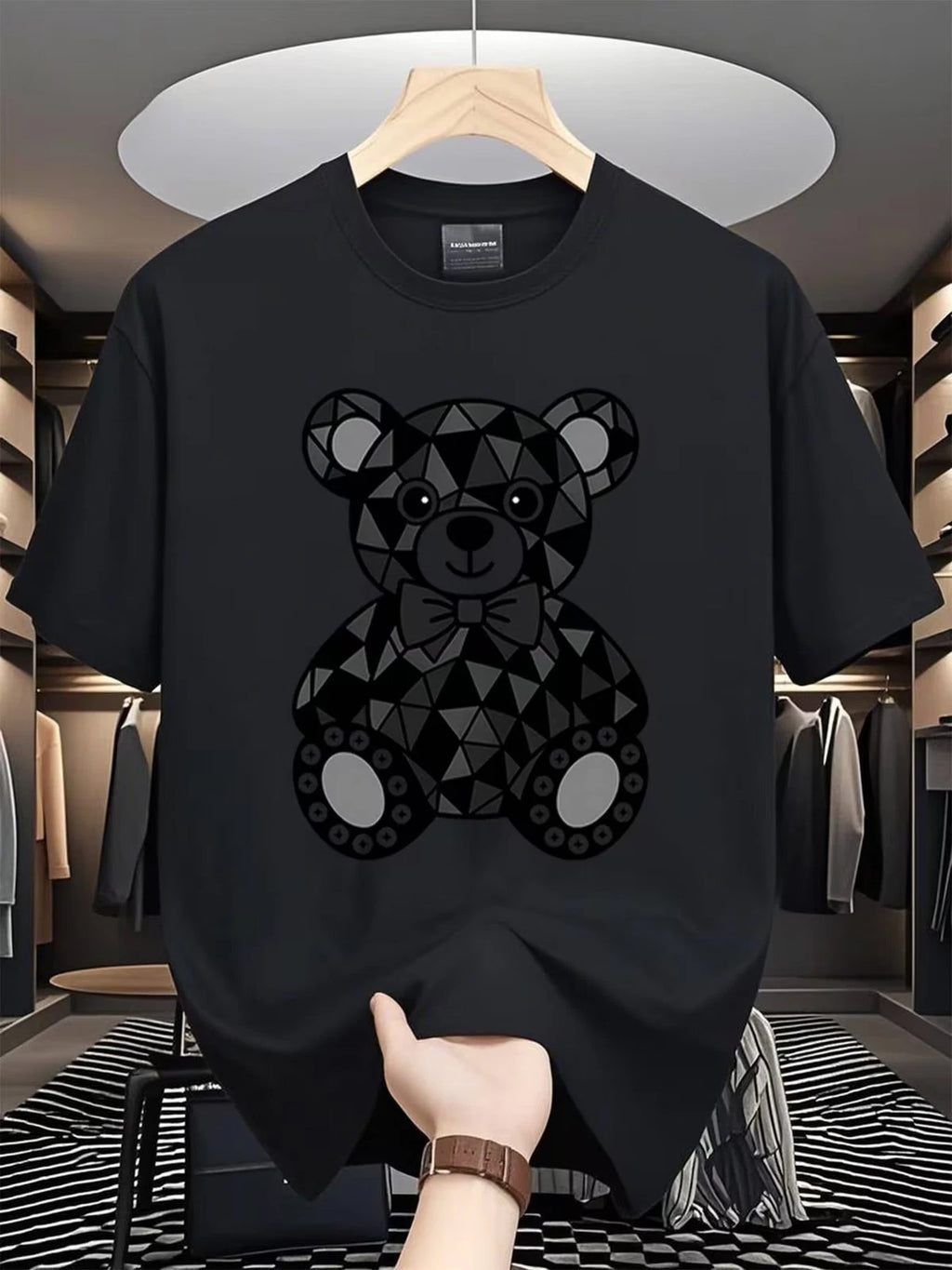 Men's Geometric Bear T-Shirt and Black Modern Printed Pattern, Round Neck, Unise