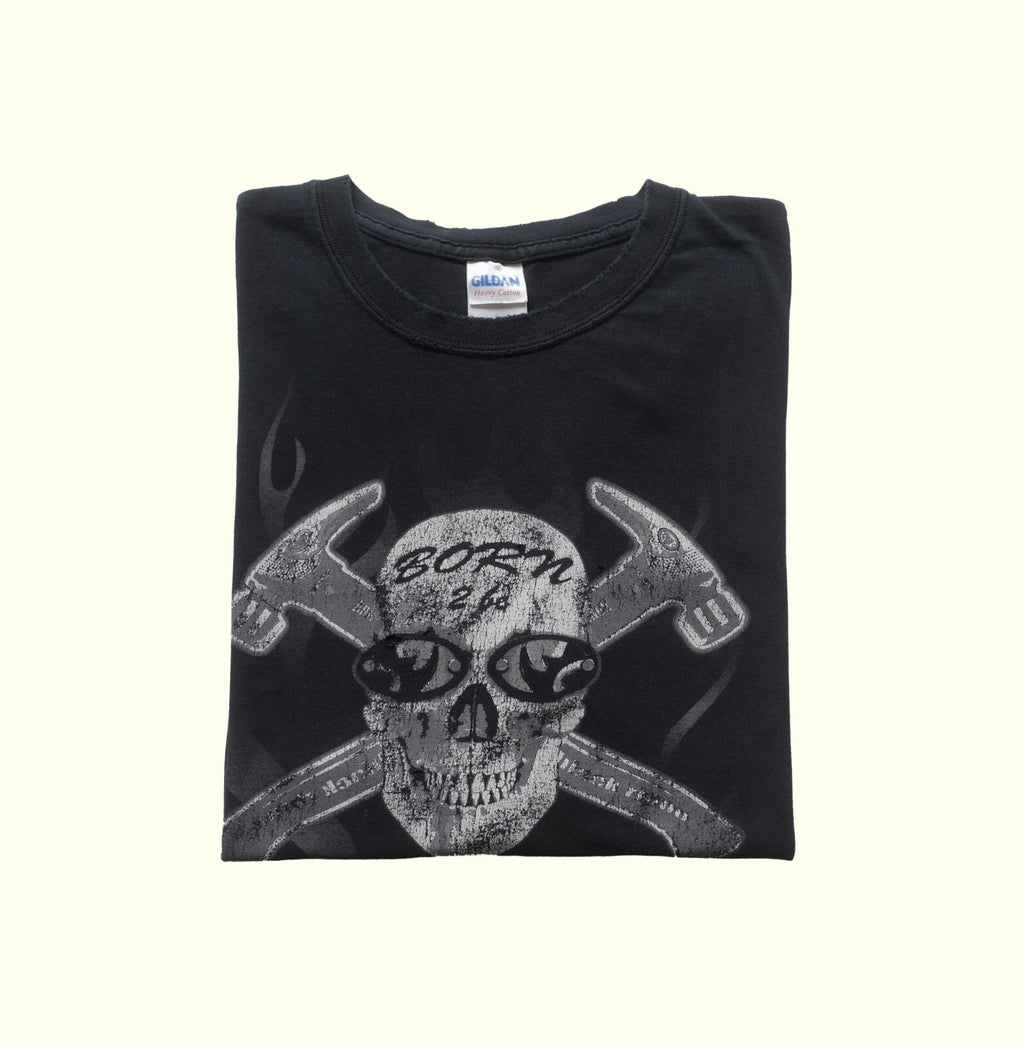 GILDAN VTG Y2K FLAME BORN TO BE BOLD SKULL DISTRESSED BLACK T SHIRT MENs SZ XL