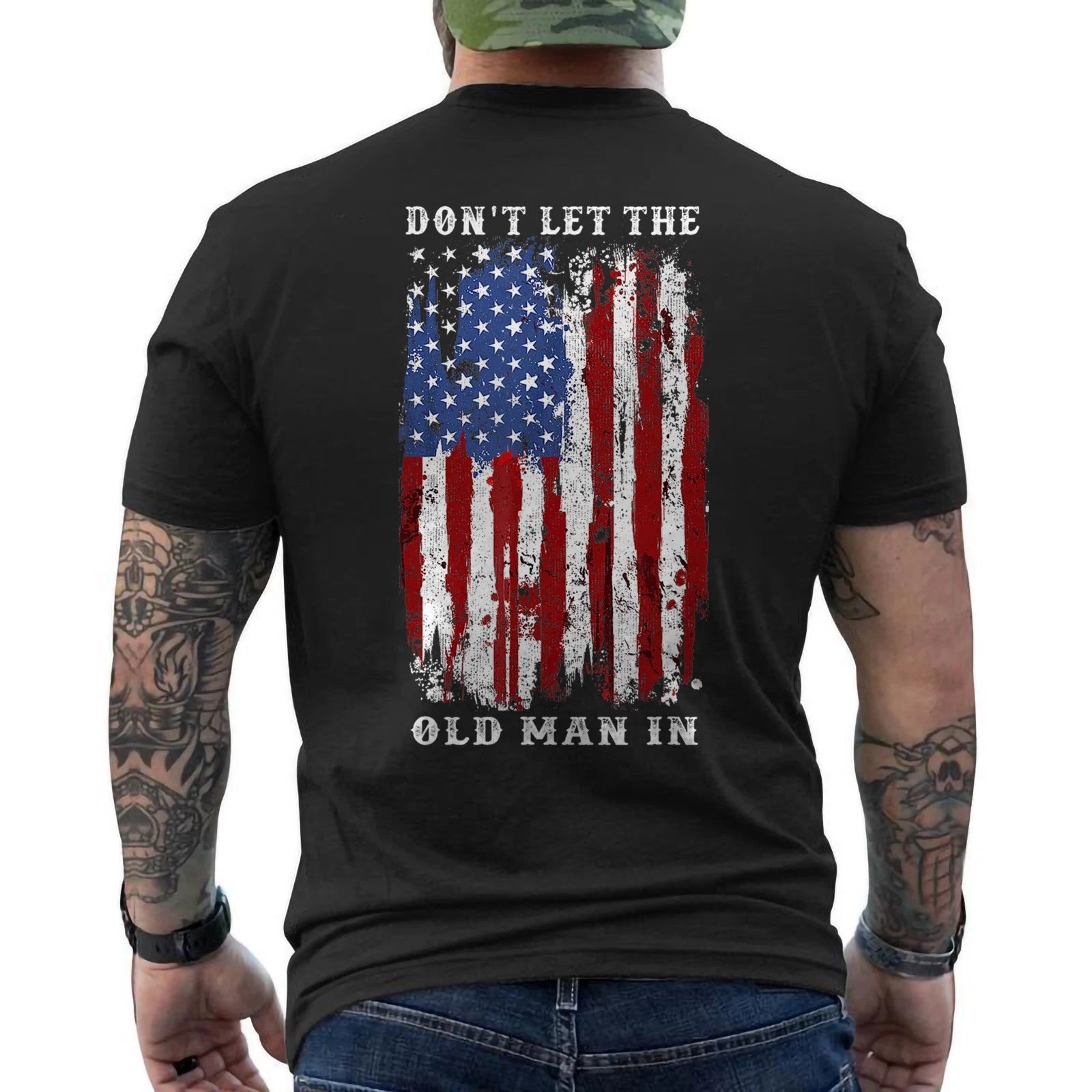 Don't Let The Old Man In Vintage American Flag ON BACK T-Shirt