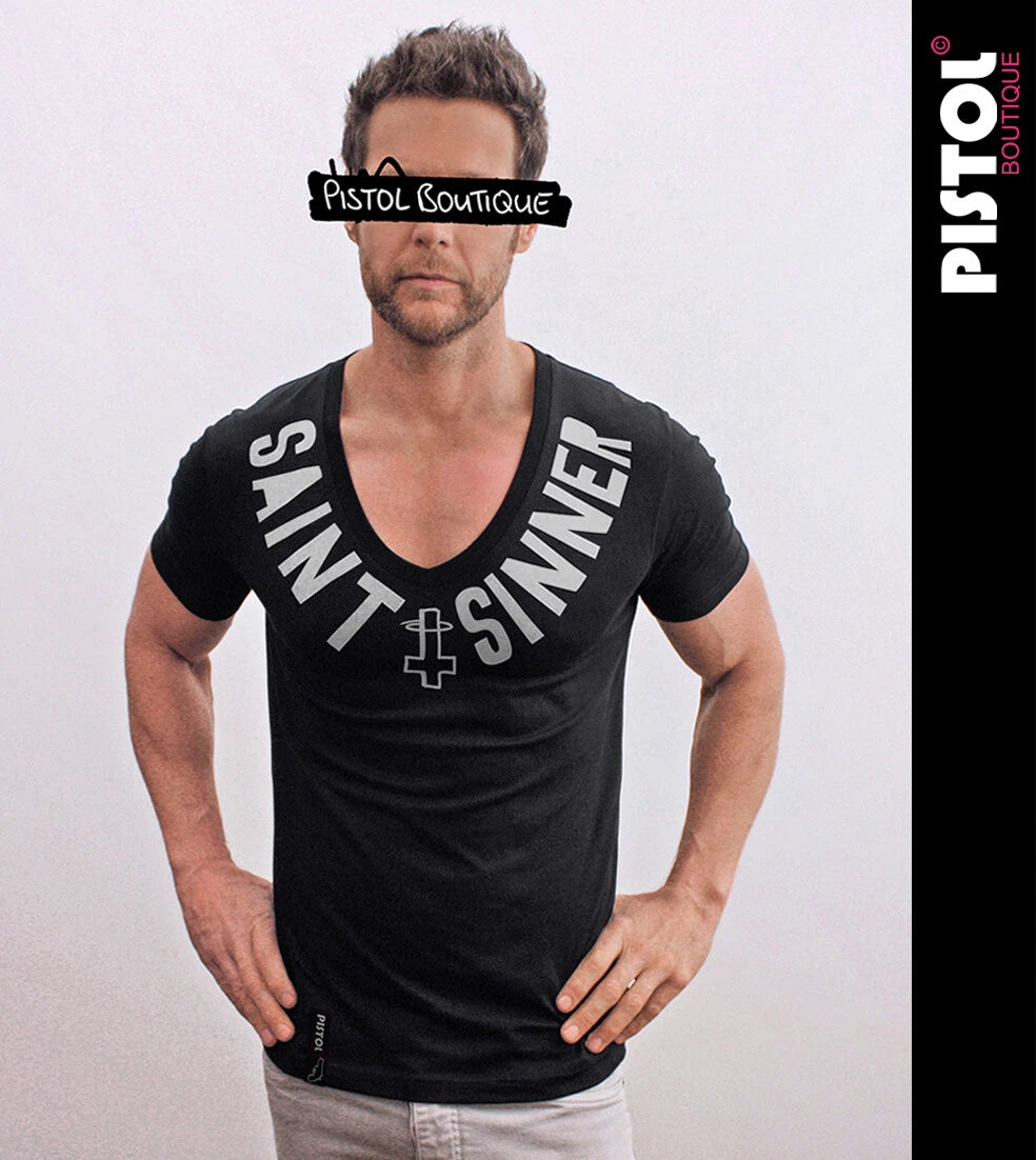 Pistol Boutique men's fitted Black Deep V neck CHEST SAINT SINNER CROSS T-shirt