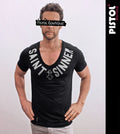 Pistol Boutique men's fitted Black Deep V neck CHEST SAINT SINNER CROSS T-shirt