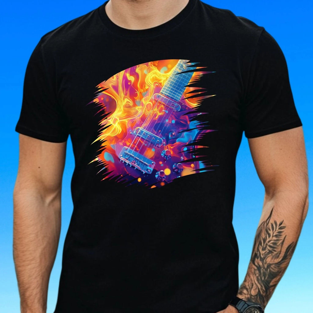 Mens Fire Guitar Motif Cotton T-Shirt Size XS to 5XL