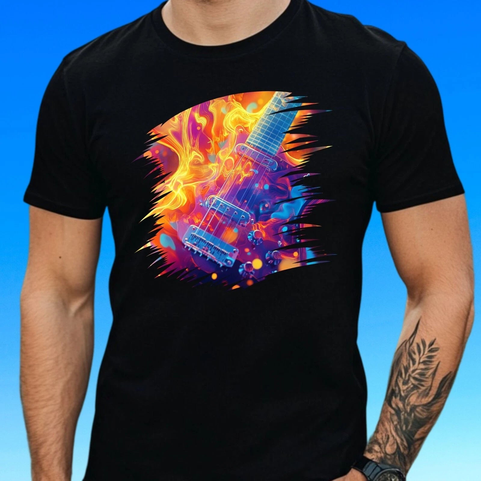 Mens Fire Guitar Motif Cotton T-Shirt Size XS to 5XL