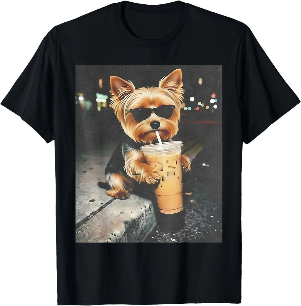 Funny Yorkie Drinking Iced Coffee Cute Dog Meme Humor T-Shirt