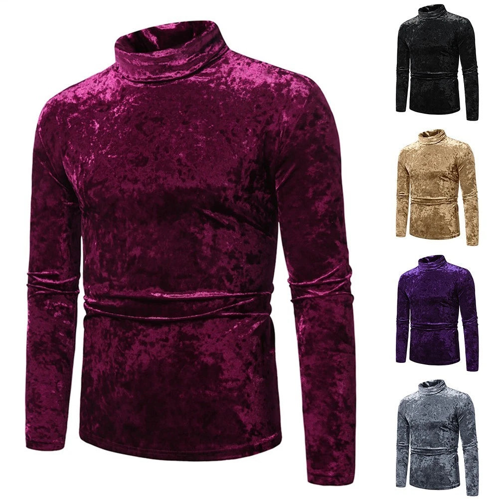 Fashionable Men's Velvet Turtleneck Tee with Long Sleeves for Casual Looks