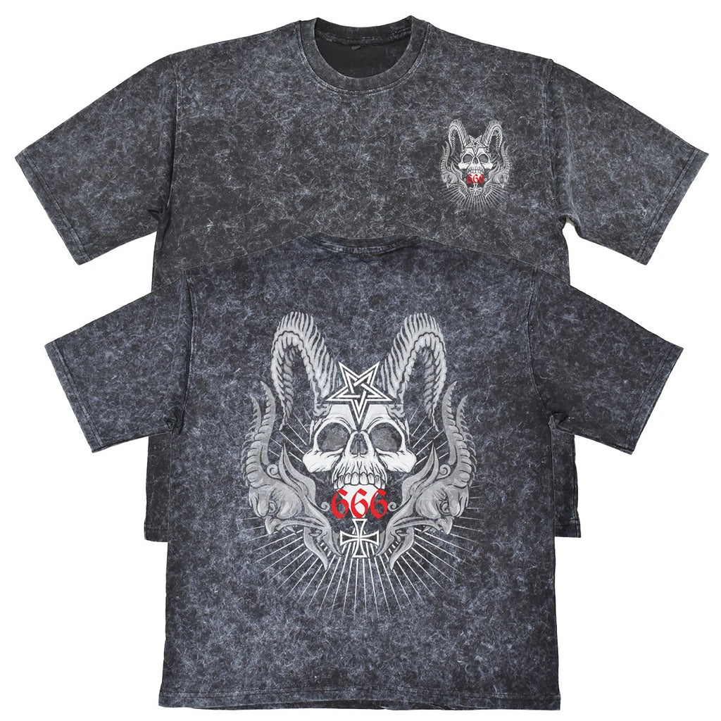 666 Red Gothic Skull Unisex Mens Carbon Grey 240gsm French Terry Acid Wash T-...