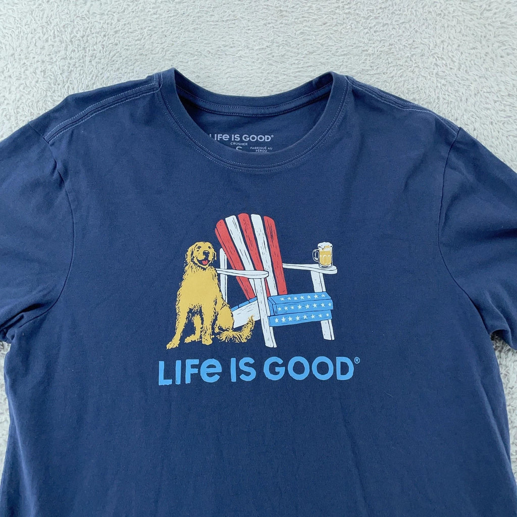 Life Is Good Shirt Mens Small Blue Crusher Patriotic Dog Beer USA Graphic Tee