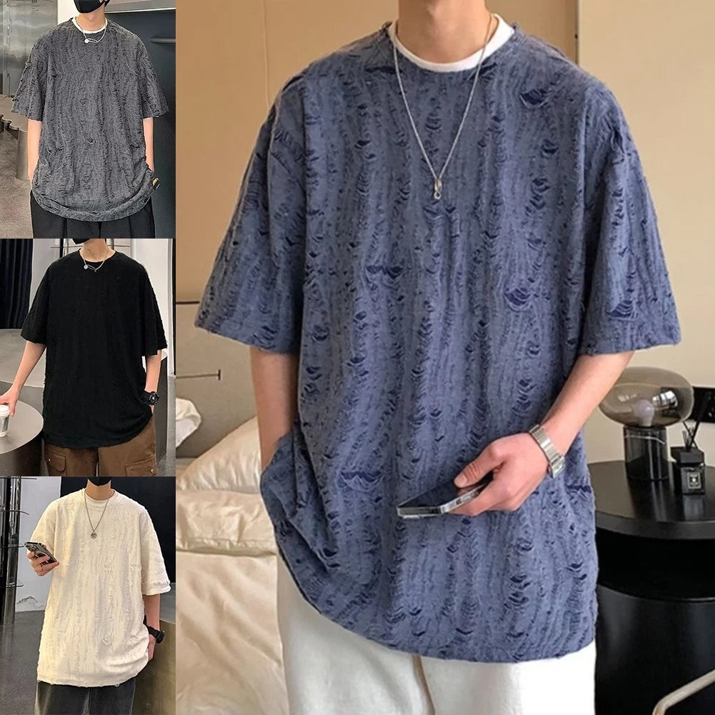 On Men's Short Sleeve Tee with Fashionable Ripped Holes for Summer Style