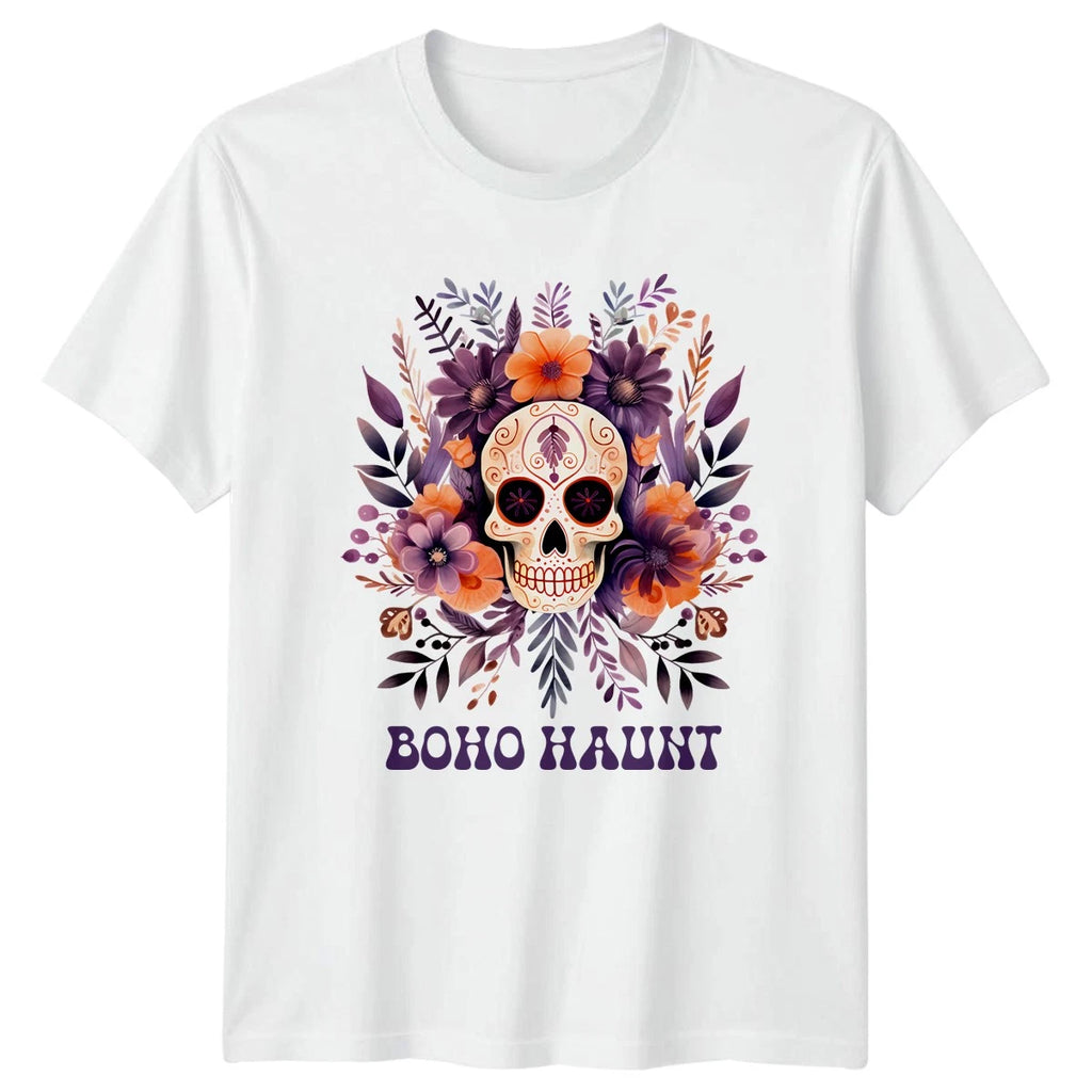 Boho Haunt Womens T-Shirt Boho Halloween Floral Skull Halloween Gift For Her