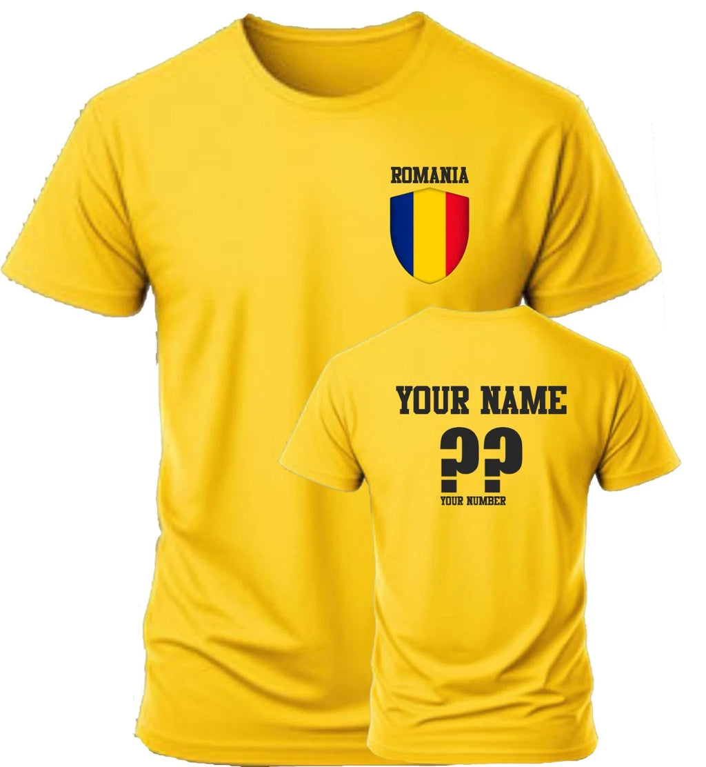 Personalise Romania Football T-Shirt, Soccer, Fans Sports Costume, Flag Badge,