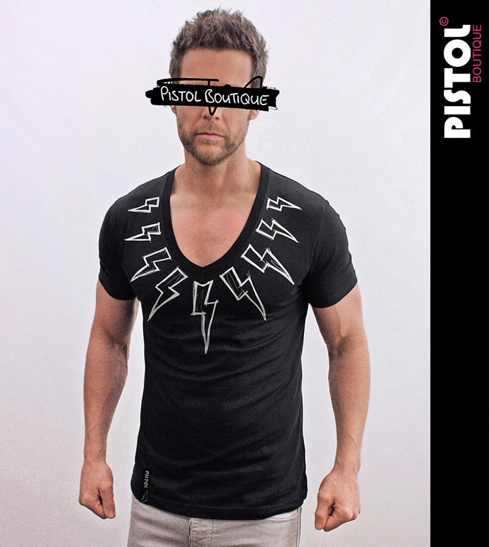 Pistol Boutique Men's Fitted Black Deep V neck SKETCH LIGHTNING BOLTS T-shirt