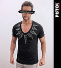Pistol Boutique Men's Fitted Black Deep V neck SKETCH LIGHTNING BOLTS T-shirt