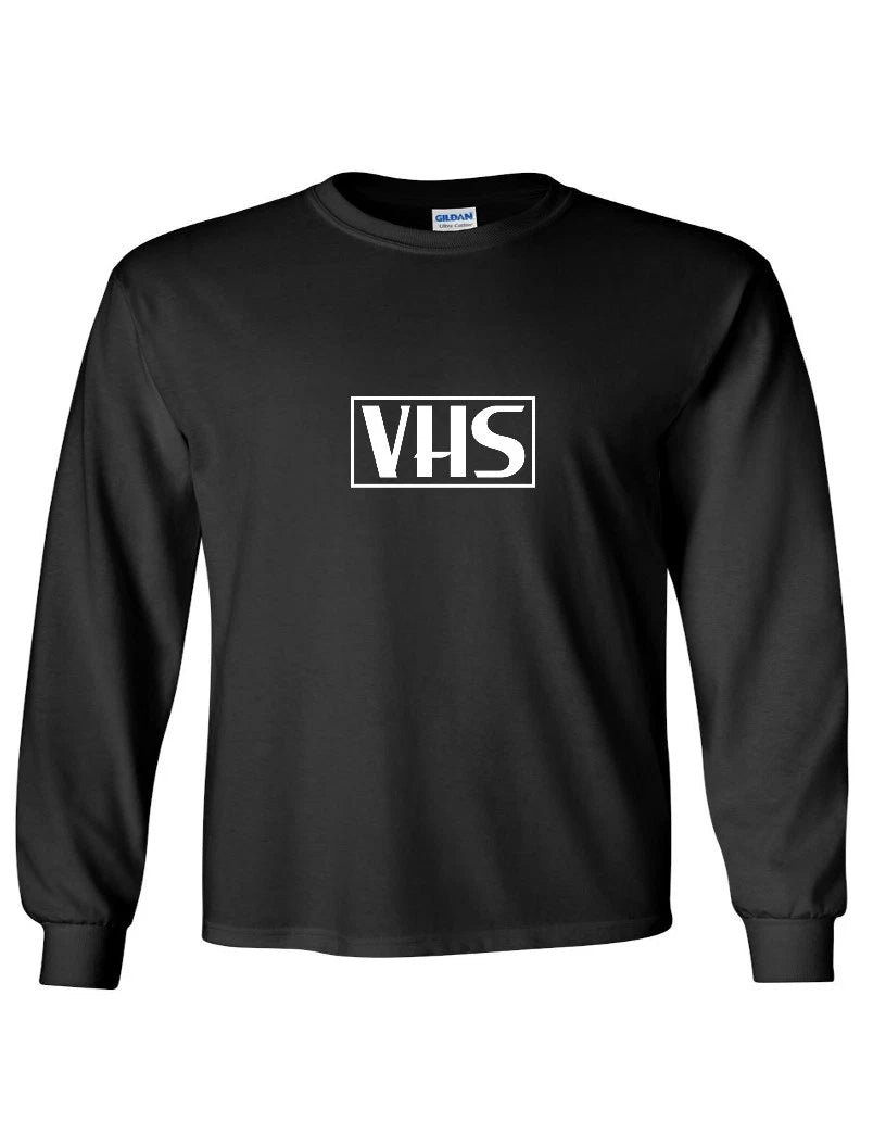 VHS Logo VCR Video Tape Retro White Logo Cool 80's Black Long Sleeve T-shirt