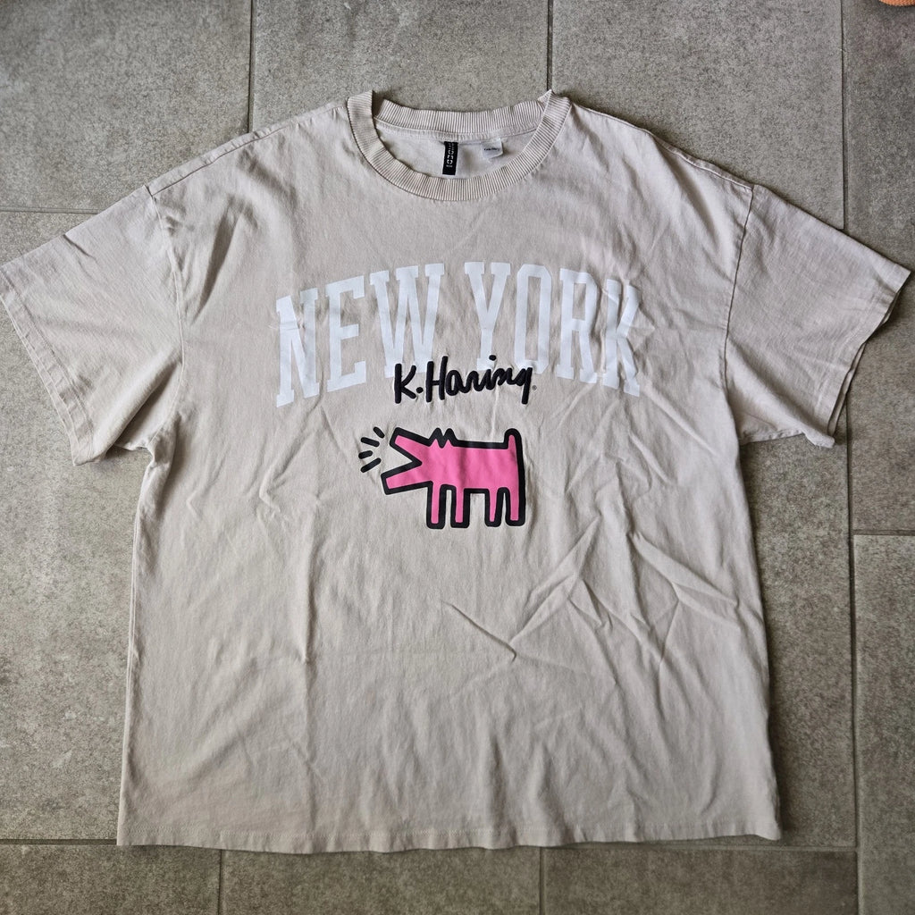 H&M x Keith Haring Oversized New York Dog T-Shirt Beige Sz L Streetwear Pop Art