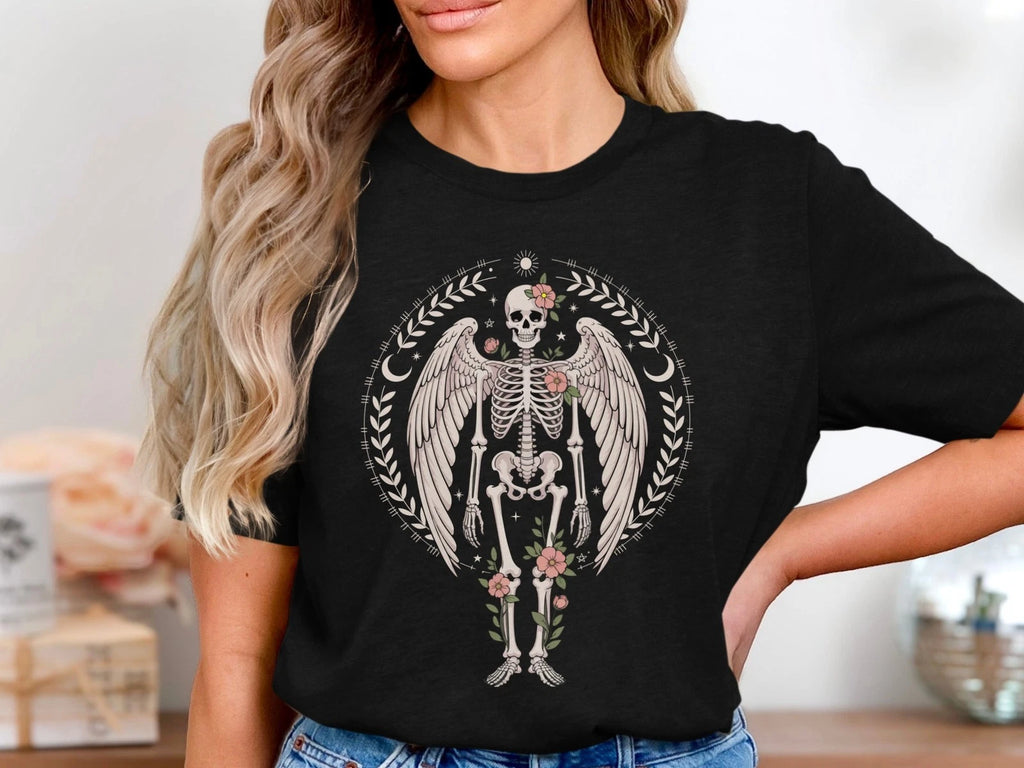 Floral Skeleton Wings T-Shirt, Gothic Floral Skull Tee, Aesthetic Grunge Shirt