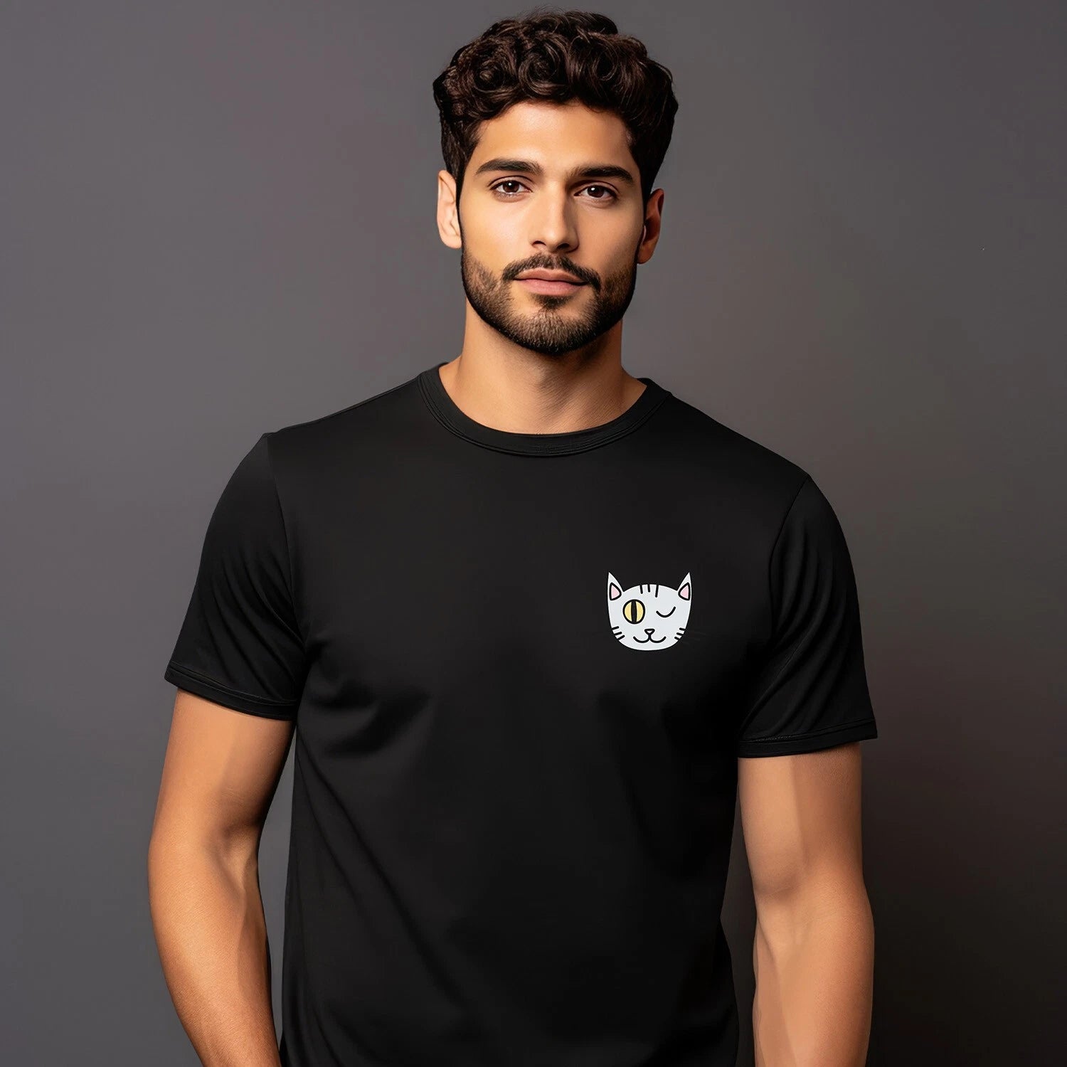 T-Shirt Man short Sleeve - Cat Wink Doeil Heart Black