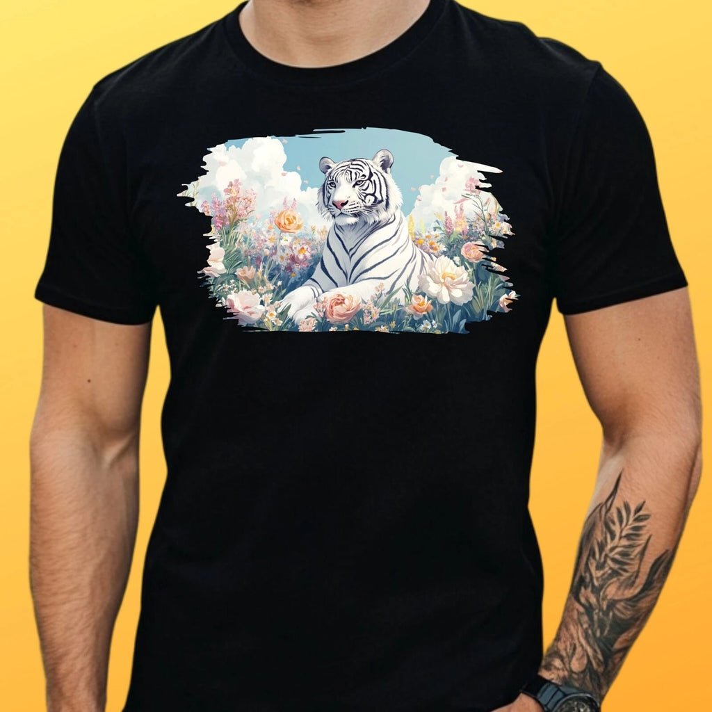 Mens White Tiger in Flower Garden Motif Cotton T-Shirt Size XS to 5XL