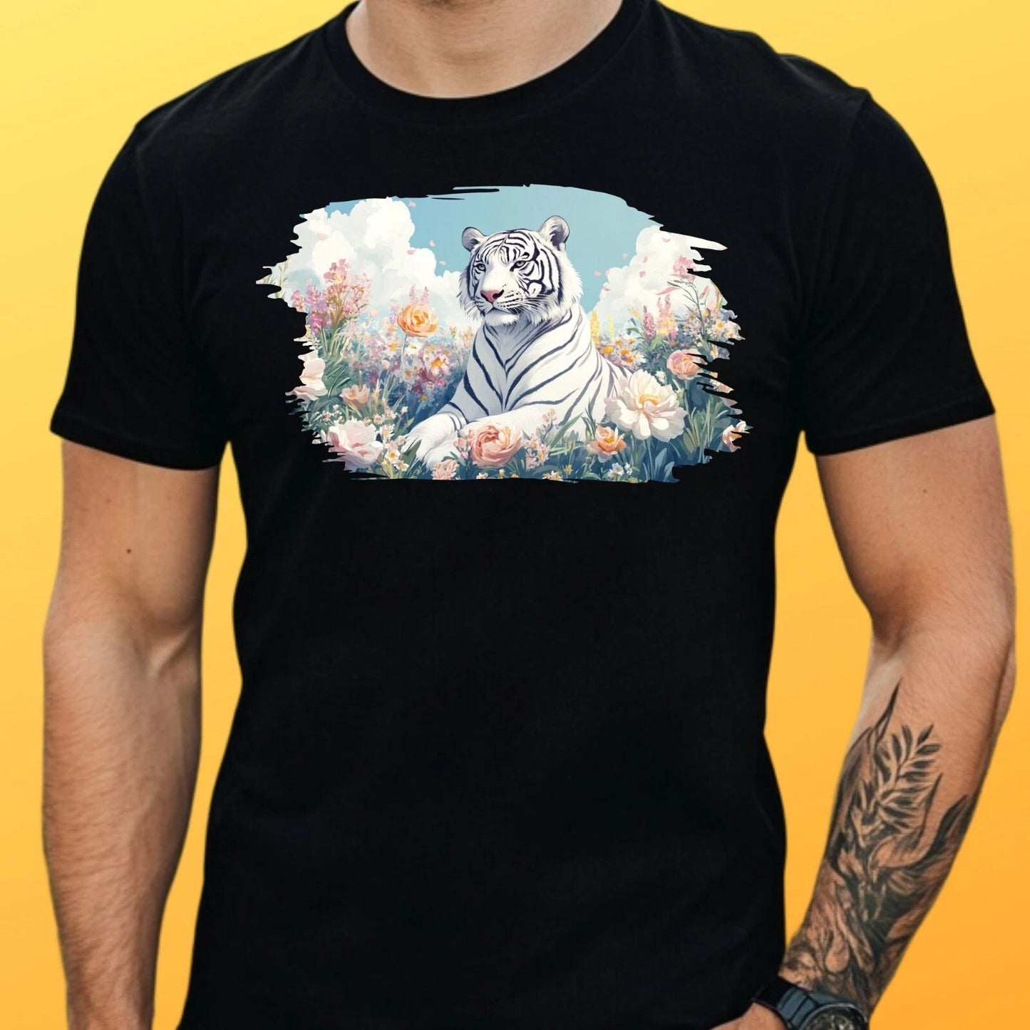 Mens White Tiger in Flower Garden Motif Cotton T-Shirt Size XS to 5XL