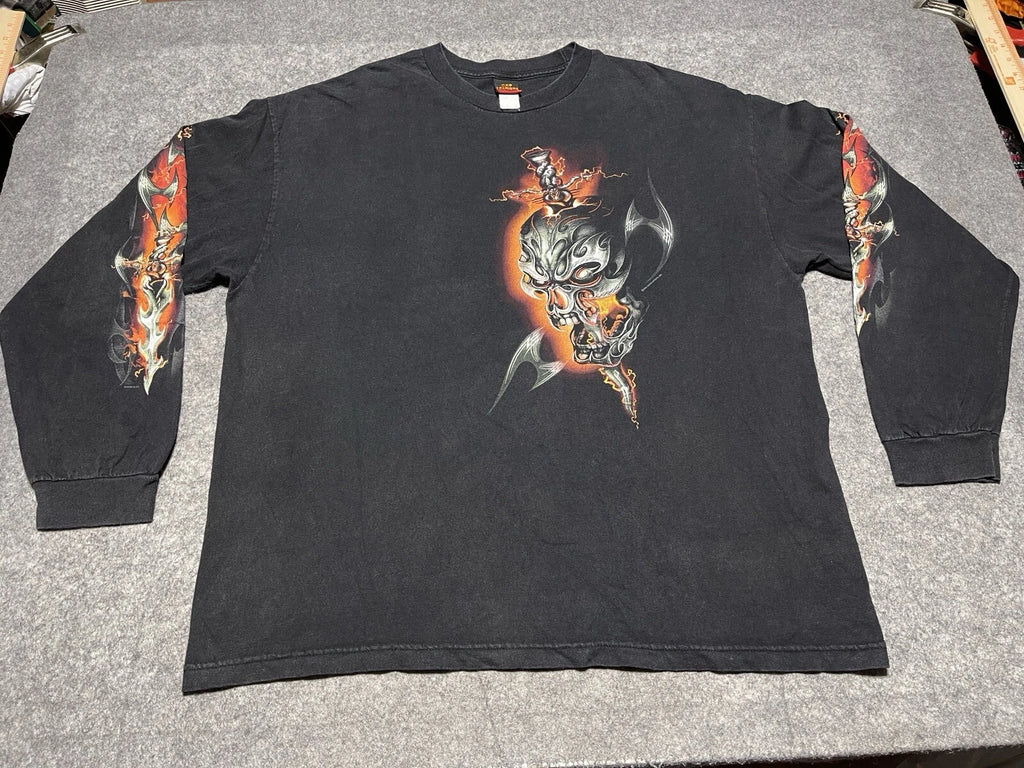 Good Sports Black Long Sleeves motorcycle Skull Flame Fire 2XL Shirt Knife blade