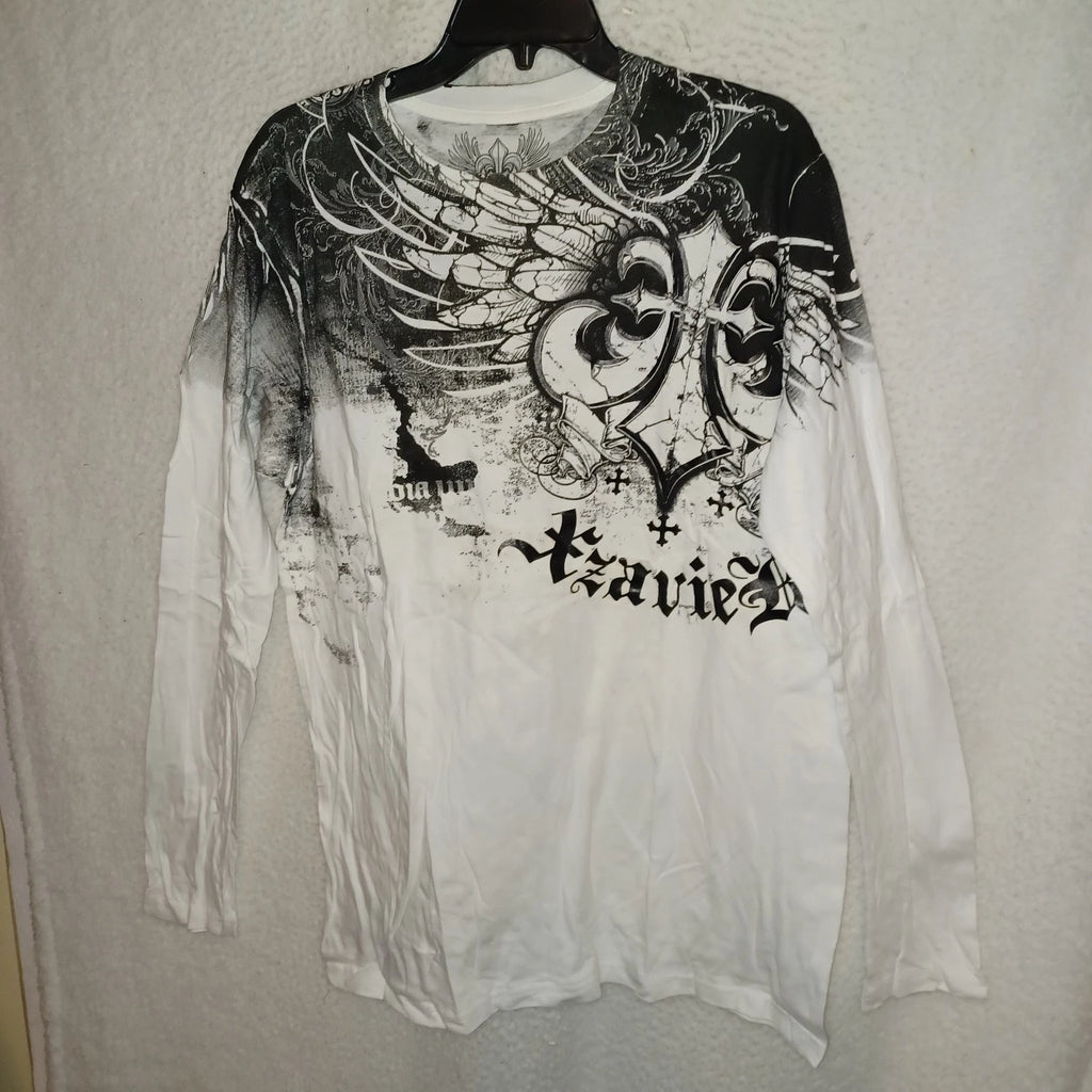AXR Xzavier Long Sleeves Shirt Men L White Faith Royalty Graphic Gothic Biker ZQ