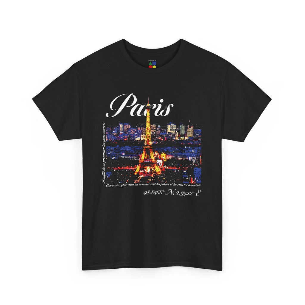 Pop Art Postcard Designer Tee- "Paris Eiffel Tower", Unisex, Cotton, Black