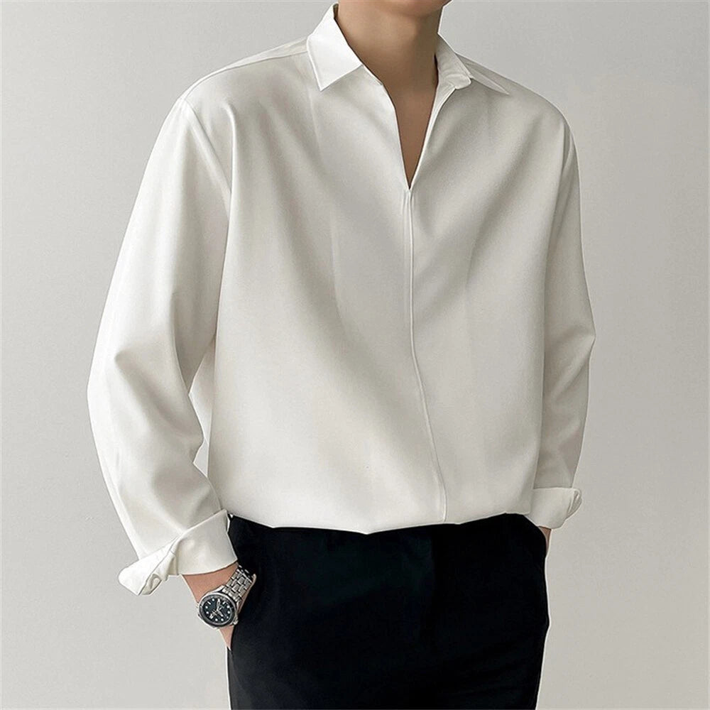 Men's V-neck Shirt Casual Slim Shirts Long Sleeve Tops Blouse