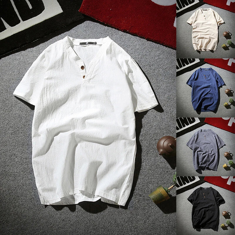 Tee Men Tops T-Shirt Shirts Short Sleeve Plain Loose V Neck Solid Color Casual⇖