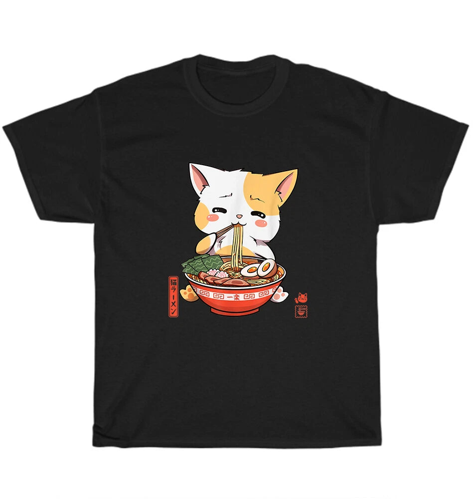 Kawaii Kitten Neko Cat Eating Ramen Noodle Japanese Food Anime T-Shirt Unisex