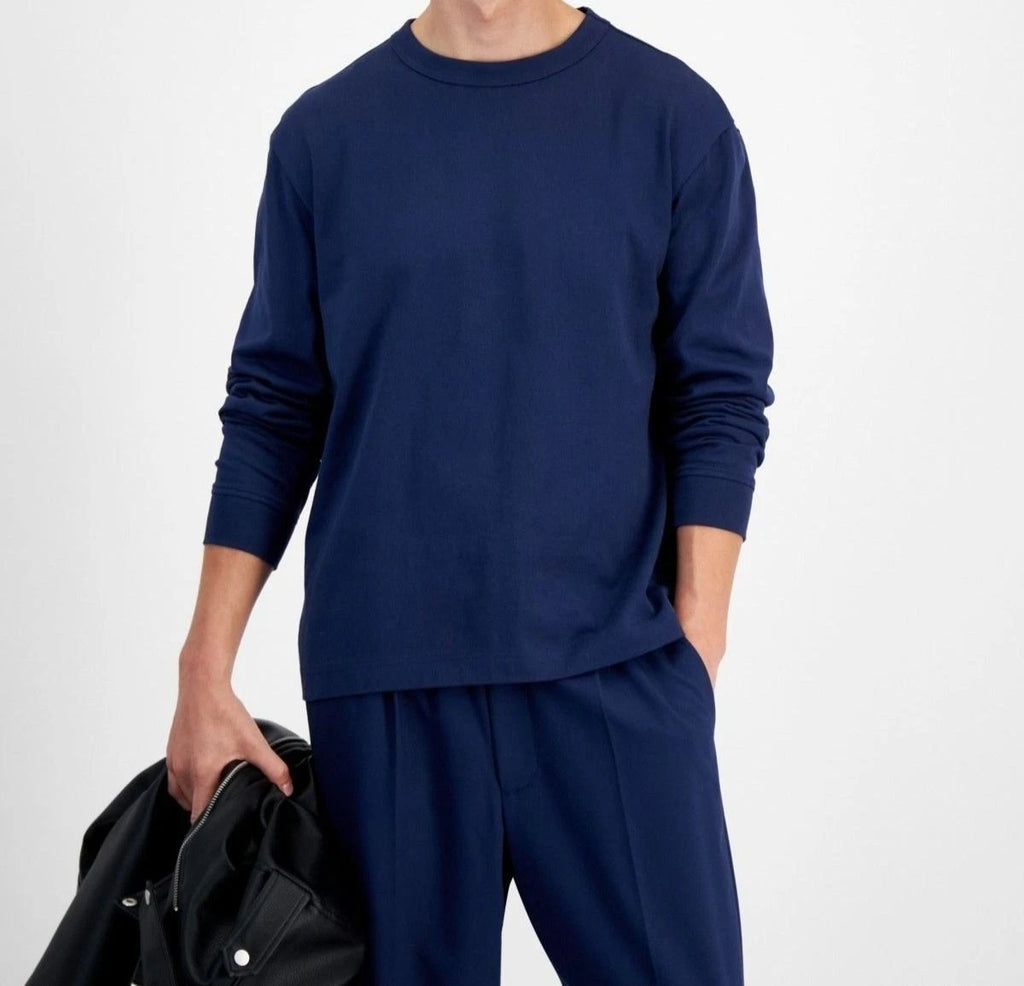Mode Of One Mens Modern Long Sleeve Relaxed Fit T Shirt Navy Blue Size L NWT