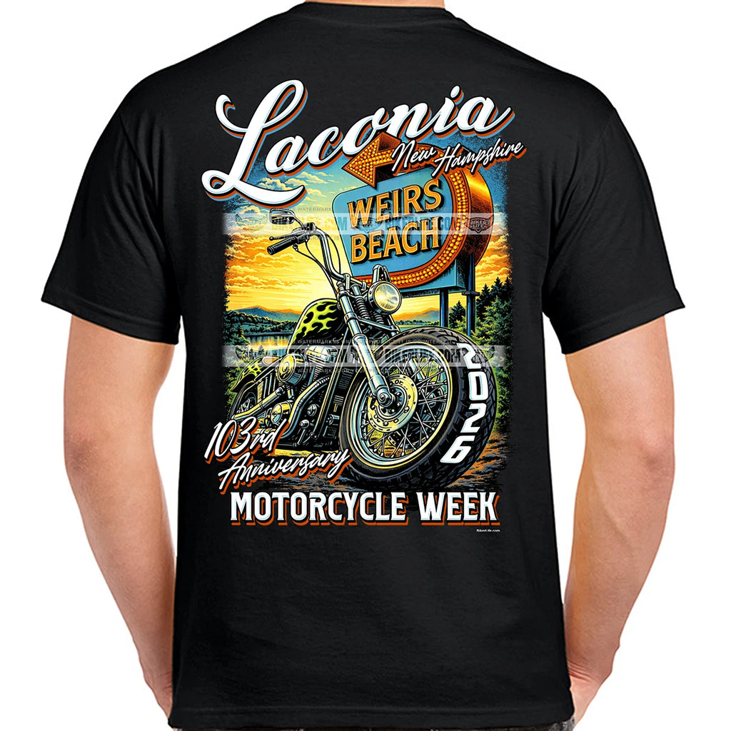 T-Shirt 2026 Laconia Motorcycle Week Weirs Beach Sign No Harley