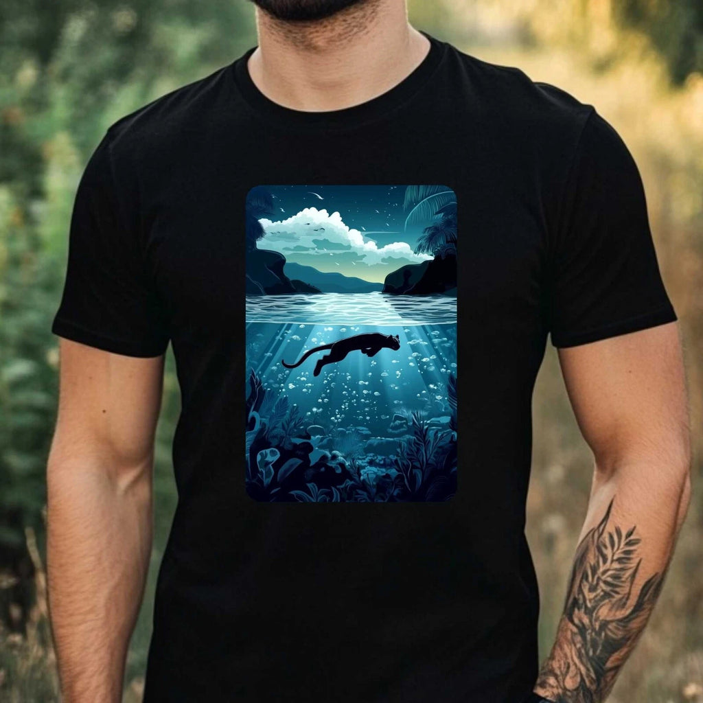 Mens Panther Swim In Ocean Motif Cotton T-Shirt Size XS to 5XL