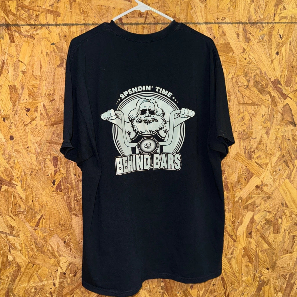 Y2K Biker Motorcycle Graphic Tee Old Men Behind Bars Black Grunge T-shirt XL