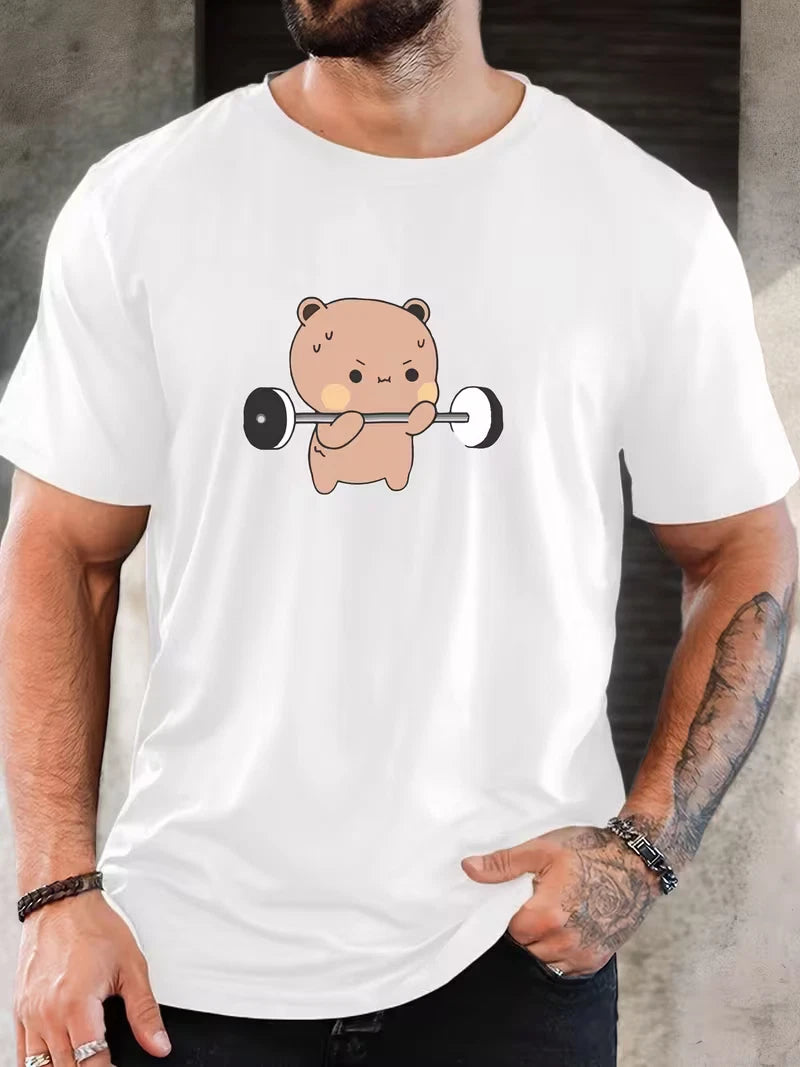 Men's Bubu Dudu Gym Bear T-Shirt Funny Barbell Workout Graphic Cotton Tee Top