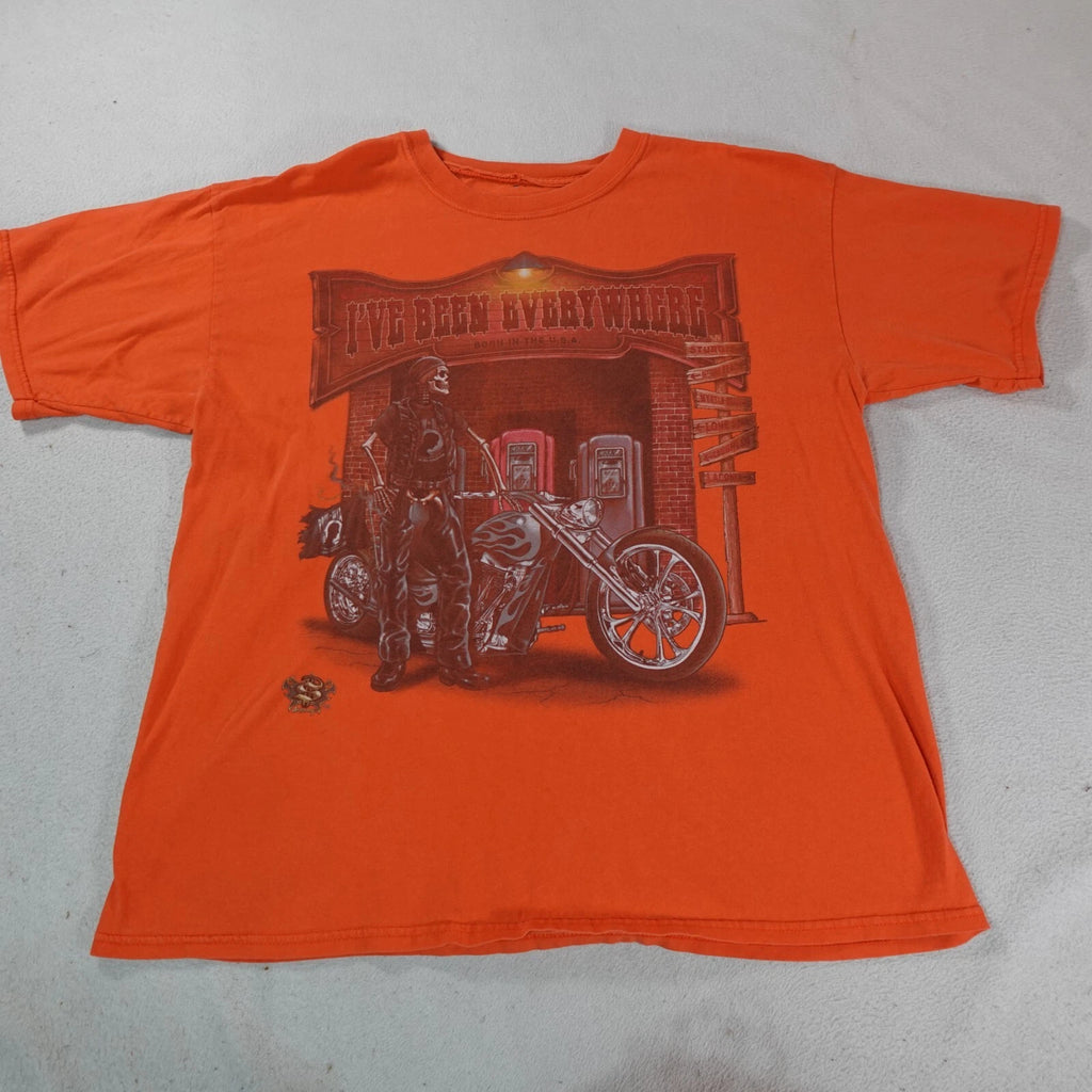 Y2K Biker Shirt Mens Extra Large Orange Skeleton Skull Motorcycle Eagle Ride Tee