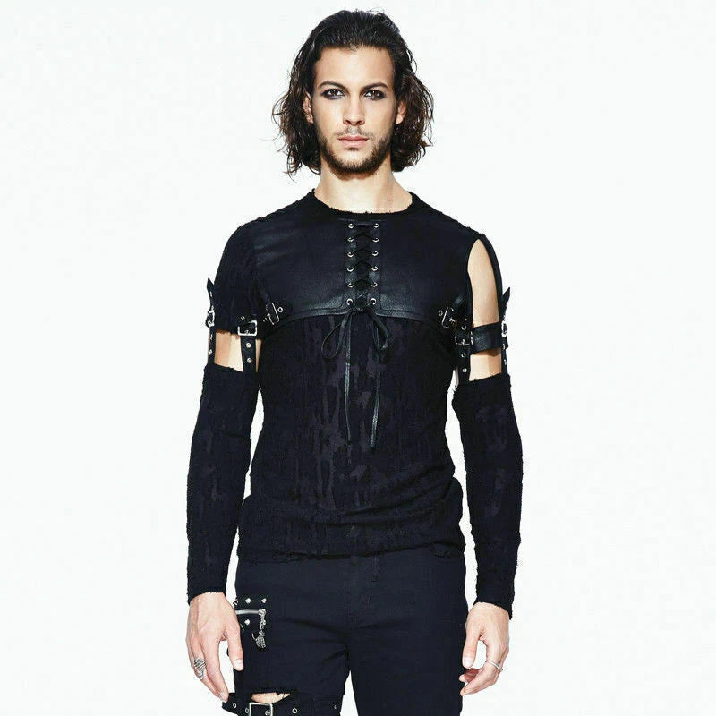 Steampunk Gothic Vintage PU Leather Black Removable Sleeve Men Punk Shirt Tops