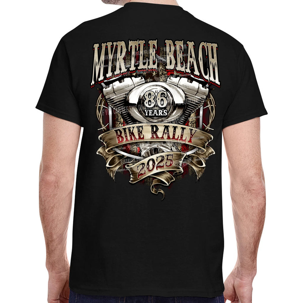 2025 Myrtle Beach Bike Rally Ribbon Engine T-Shirt No Harley