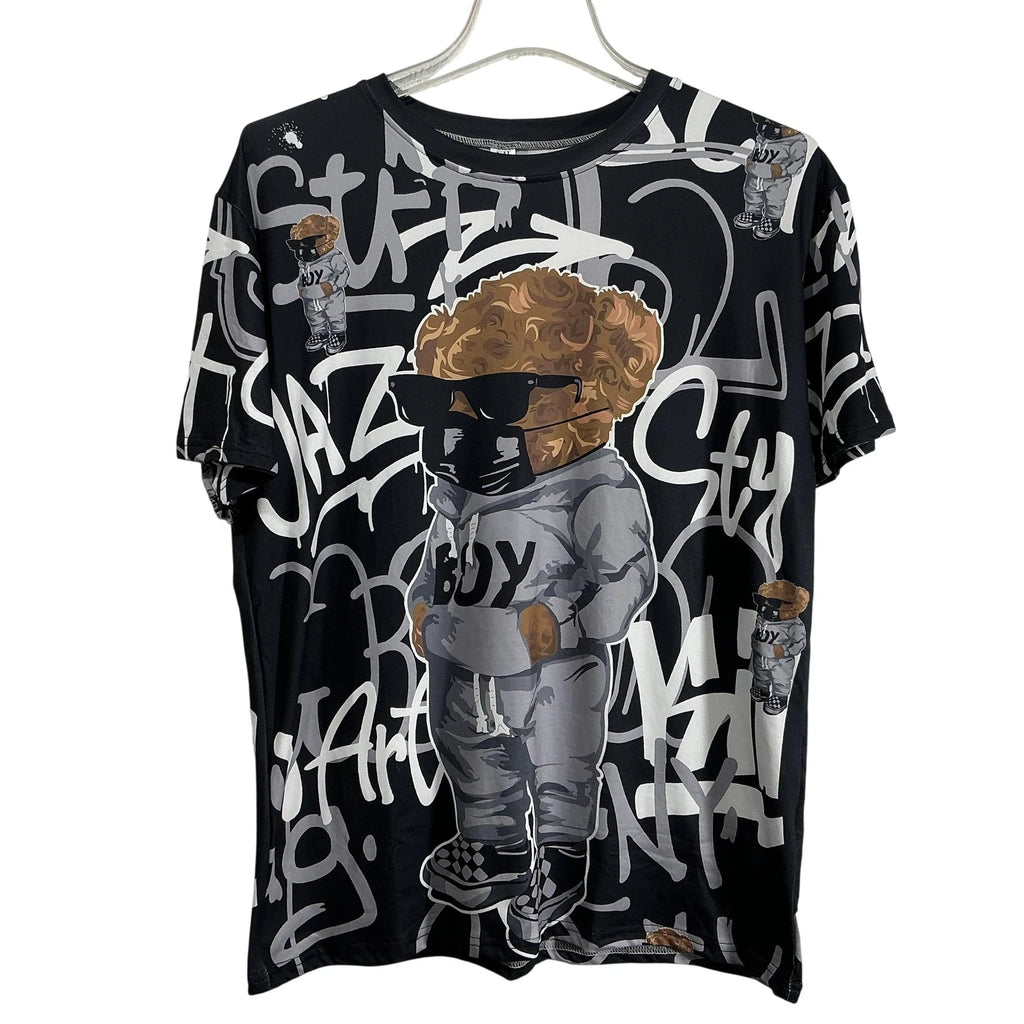 XH Shirt Mens XL Black Graffiti Teddy Bear Mask Hoodie Streetwear Art Tee