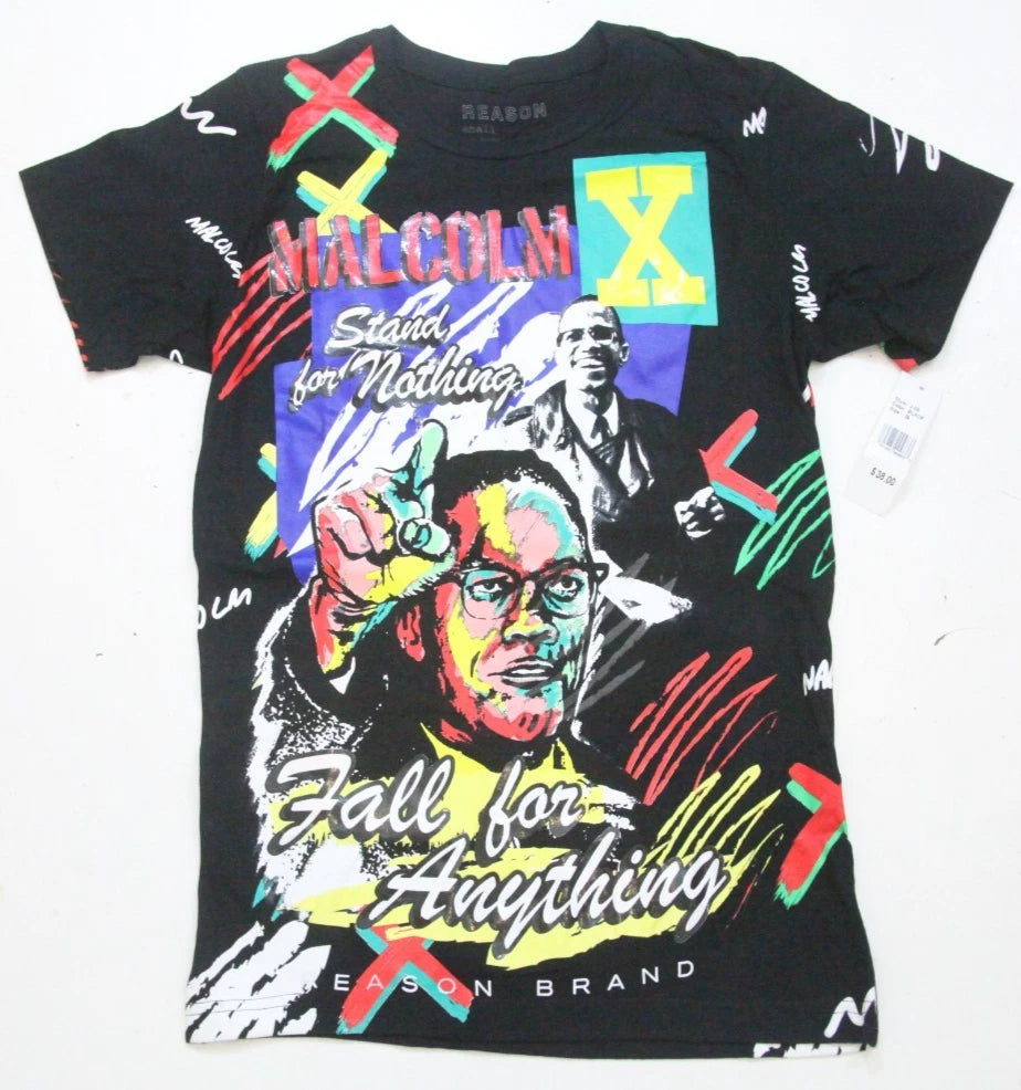 New Small Reason Malcom X Black Men's Short Sleeve Crewneck Graphic T-Shirt N24