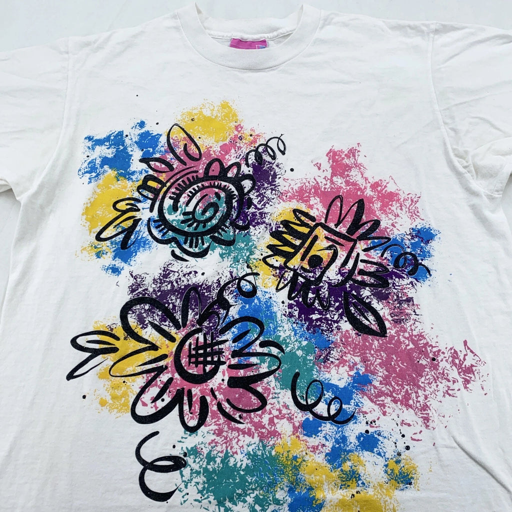 vintage 90s JORDACHE FLOWER POP ART T-Shirt LARGE surf beach soft