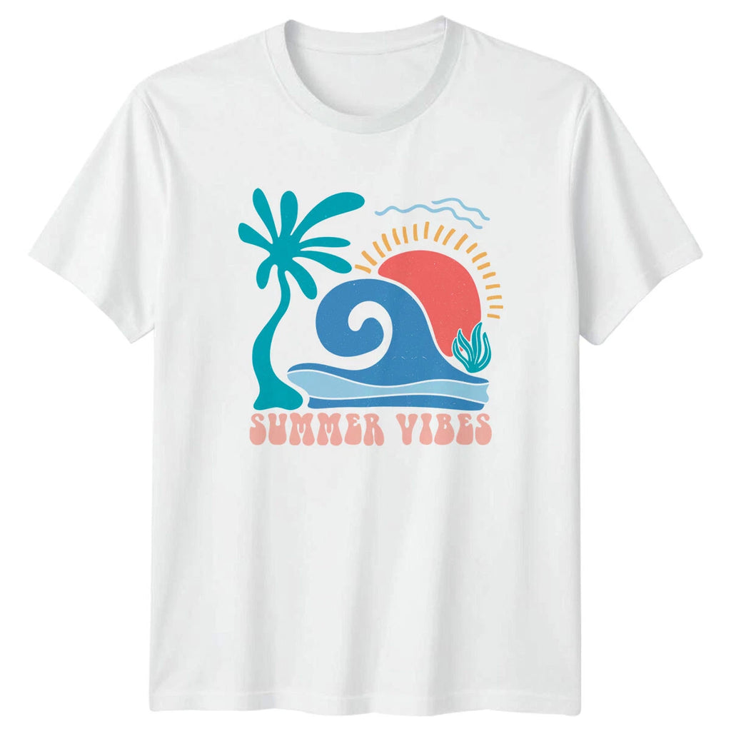 Summer Vibes T-Shirt, Boho Wave Palm Tree, Beachy Vacation T-Shirt