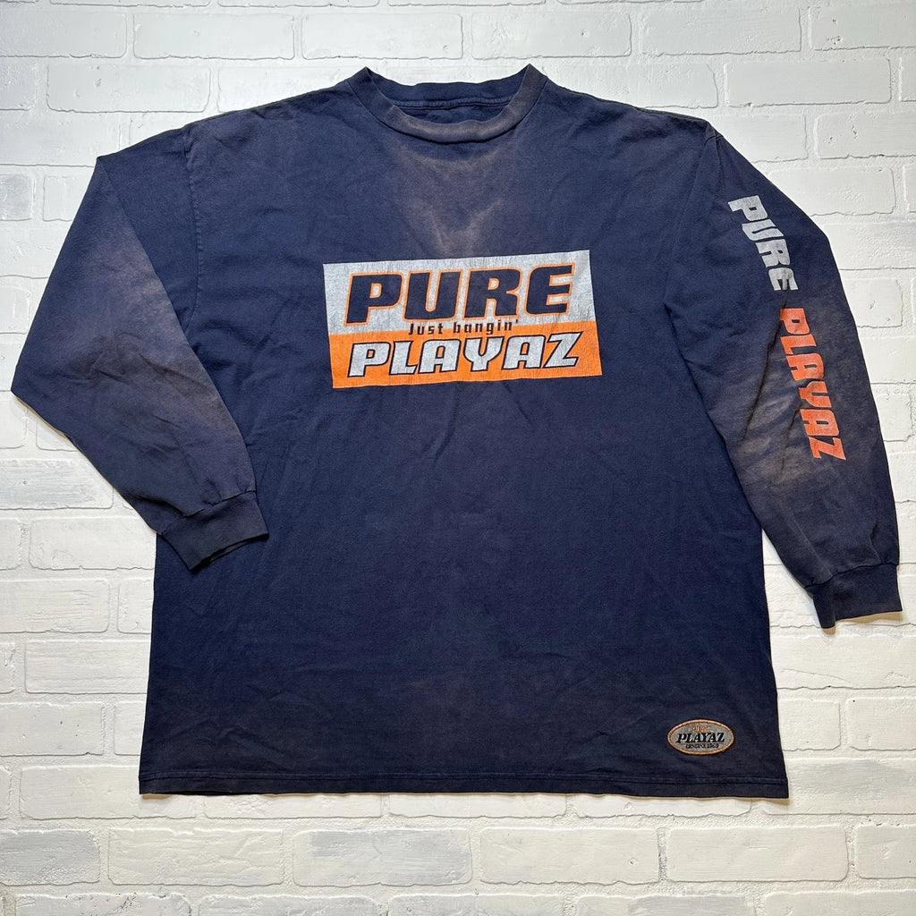 Pure Playaz Logo T-Shirt Long Sleeve Just Bangin Hip Hop 2XL VTG 90s Y2K Rap
