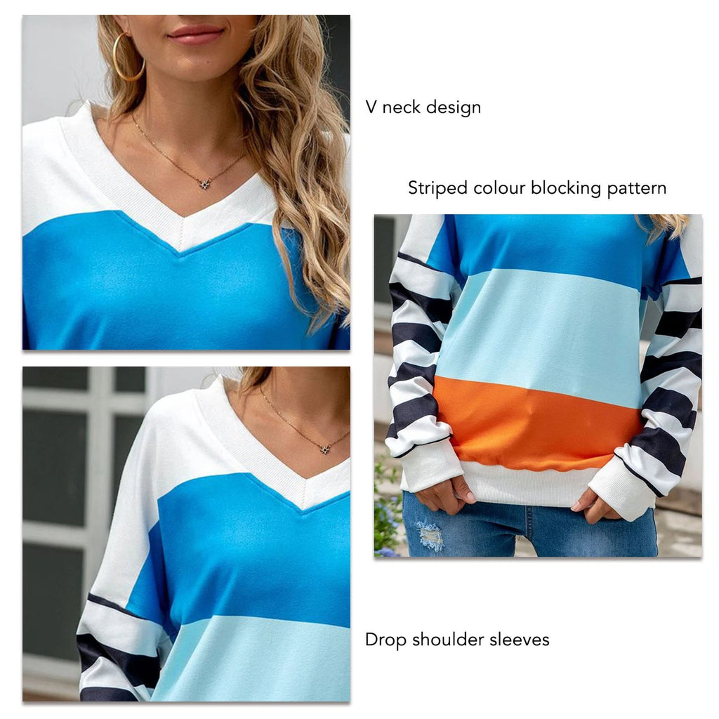 Women Long Sleeve Tops Stylish Patchwork V Neck Casual Tops For Office And Outdo
